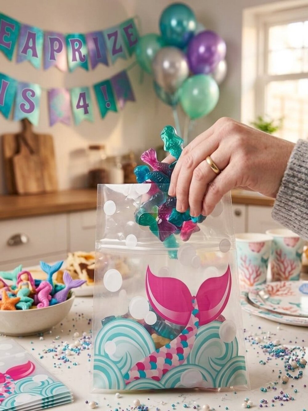 12pc Mermaid Tail Party Favor Bags with Handles Under the Sea Birthday Supplies